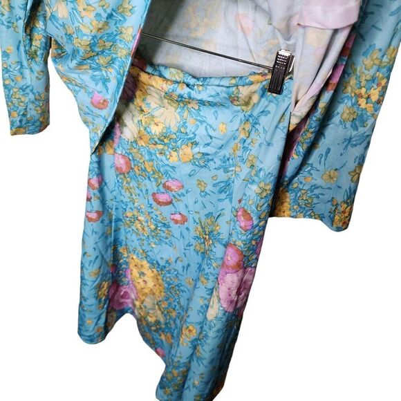 Vintage 70s Lane Bryant 2 Pce Skirt Blouse Shirt Set Womens 2XL Blue Floral Poly - Picture 2 of 6